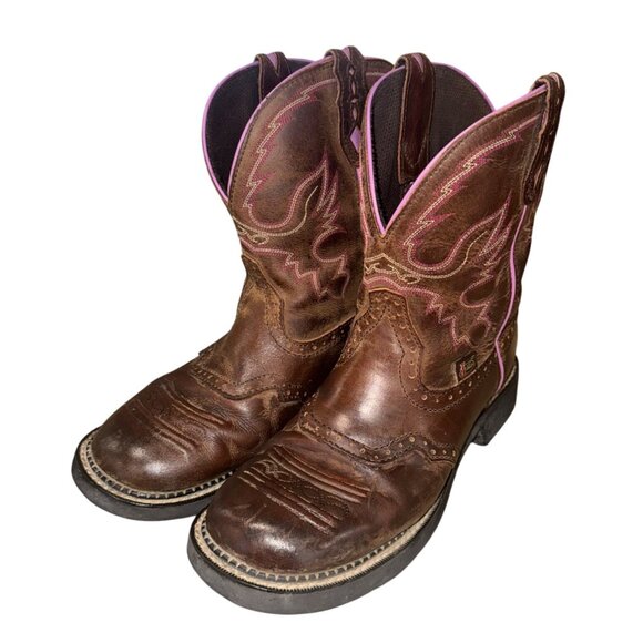 Justin Gypsy 10B Leather Western Cowboy Coastal Cowgirl Boots Pink Brown Rodeo - Picture 1 of 13